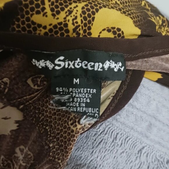 Womans Medium Brown & Yellow Floral Summer Top with Tie Back Neck by Sixteen - Picture 2 of 4